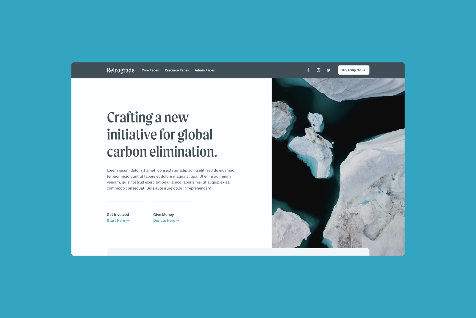 Website template screenshot featuring a modern design with top navigation, icebergs background image, and call-to-action buttons, ideal for environmental initiatives.